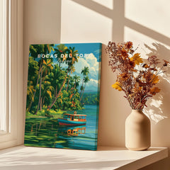 Bocas del Toro Panama travel poster with palm trees, boat, and tropical scenery for home decor
