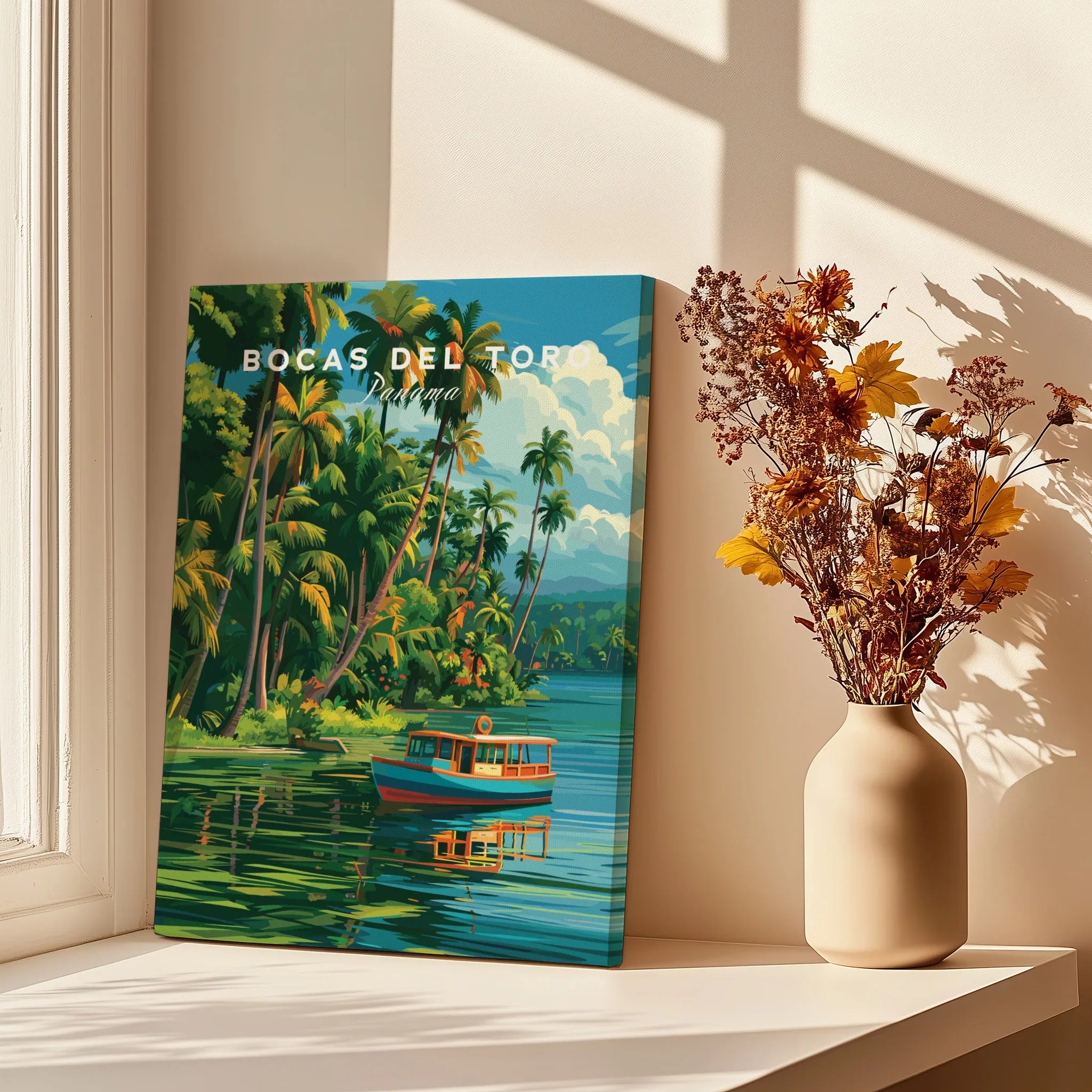 Bocas del Toro Panama travel poster with palm trees, boat, and tropical scenery for home decor