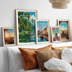 Travel posters of Paris, Bocas del Toro, Copenhagen, Tokyo, and Barcelona for home decor