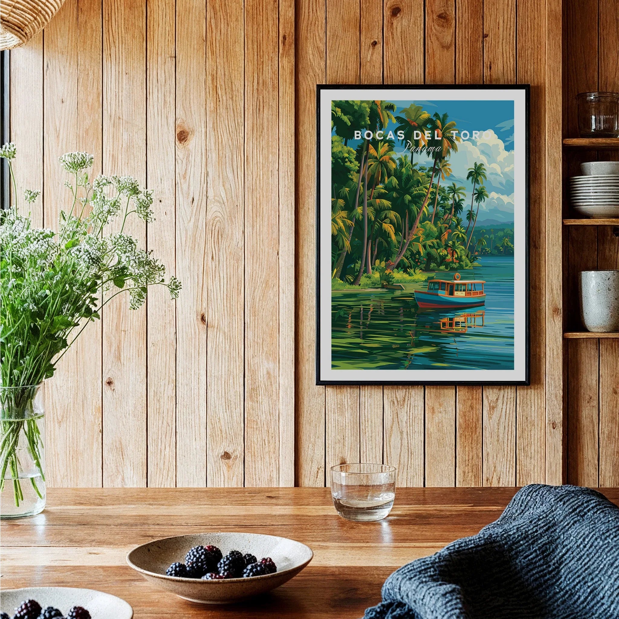Bocas del Toro Panama travel poster with tropical palm trees and a boat on calm waters, perfect for wall art.