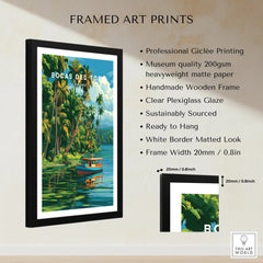 Bocas del Toro Panama travel poster in black frame, tropical palm trees, boat on water, wall art decor