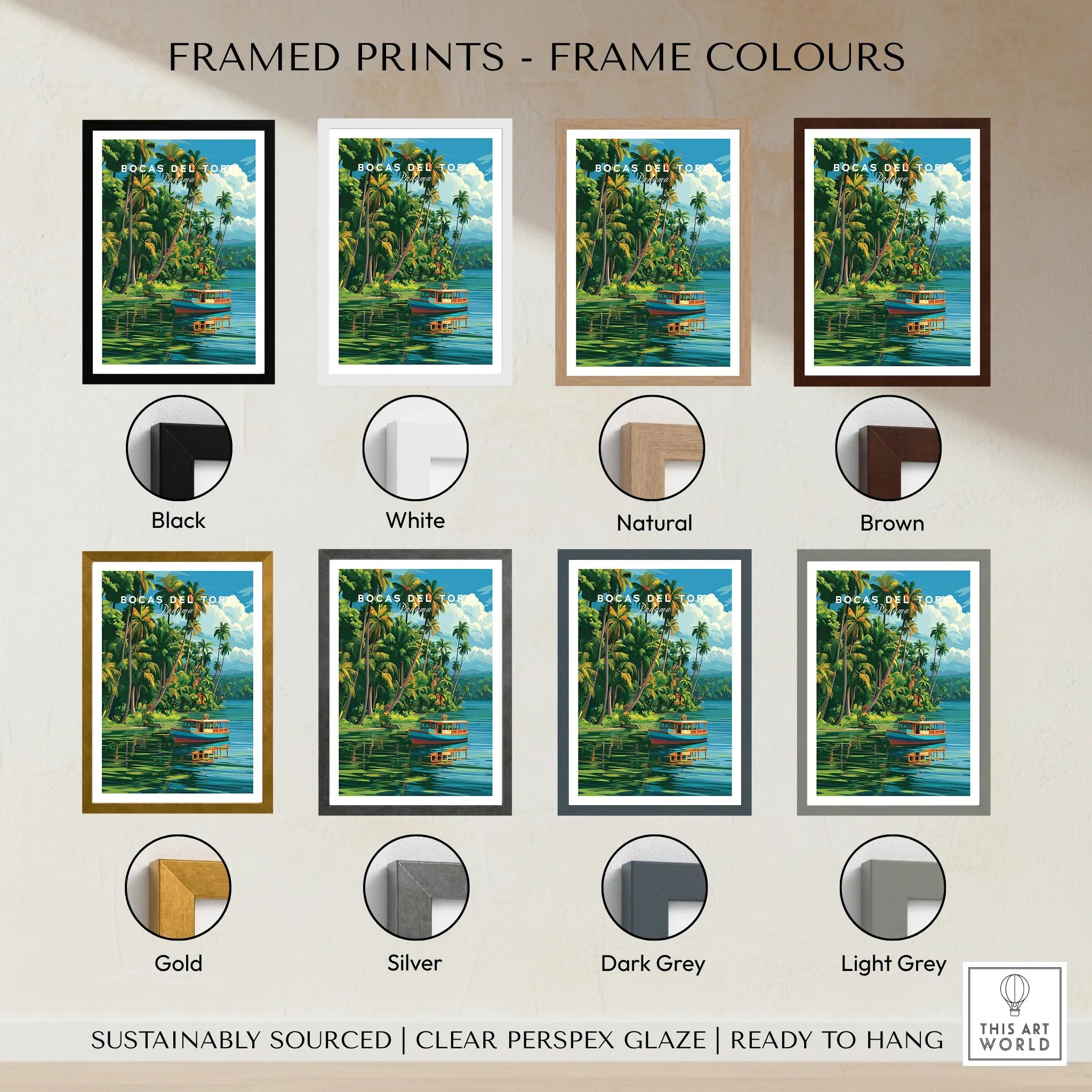 Bocas del Toro travel poster in various frame colors for home decor