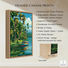 Bocas del Toro Panama travel poster in wooden frame, tropical palm trees, boat on water, wall art decor