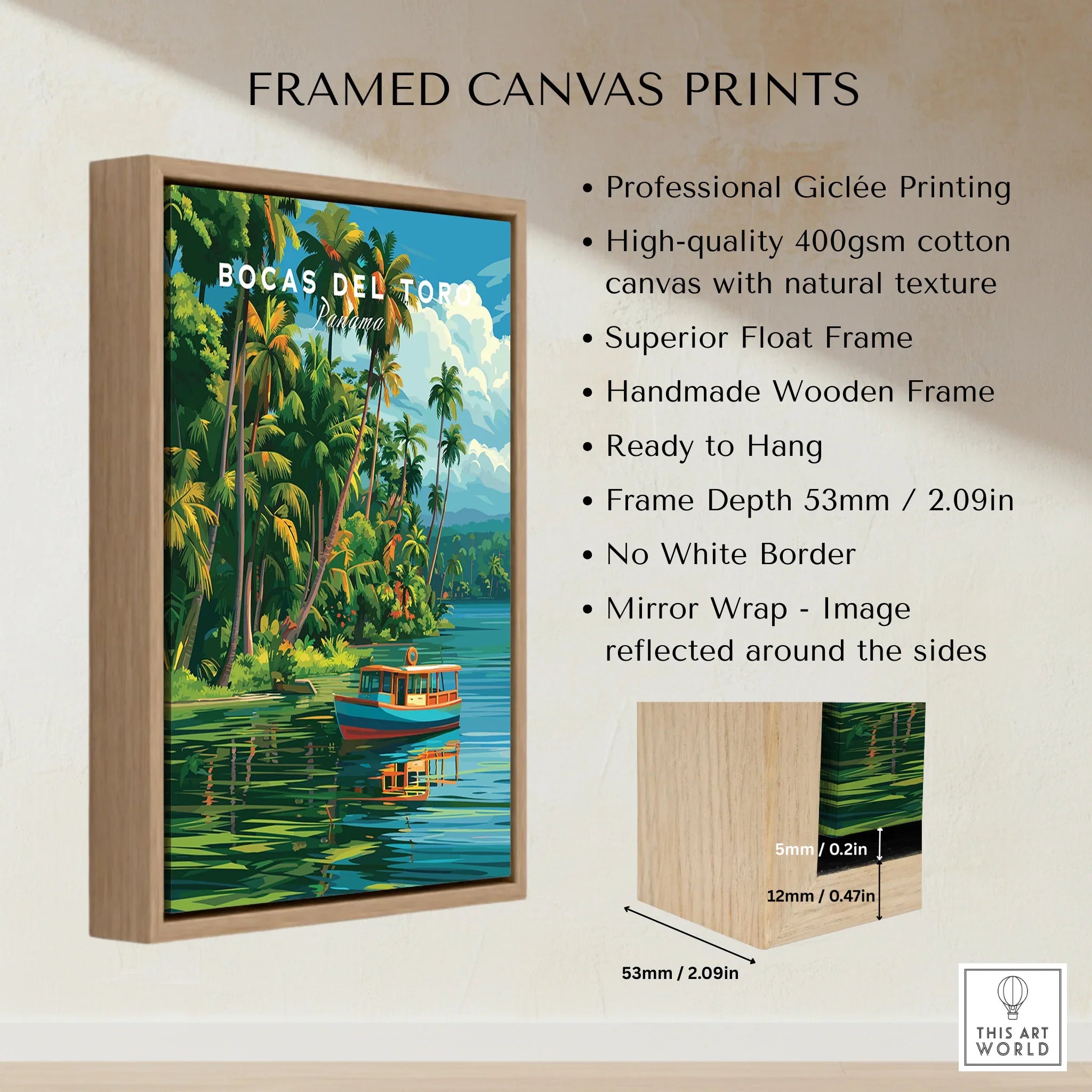 Bocas del Toro Panama travel poster in wooden frame, tropical palm trees, boat on water, wall art decor