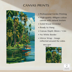 Bocas del Toro Panama travel poster canvas print with tropical palm trees, boat, and water reflection for wall art decor