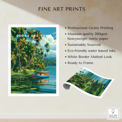 Bocas del Toro Panama travel poster with tropical palm trees and boat on water, fine art print