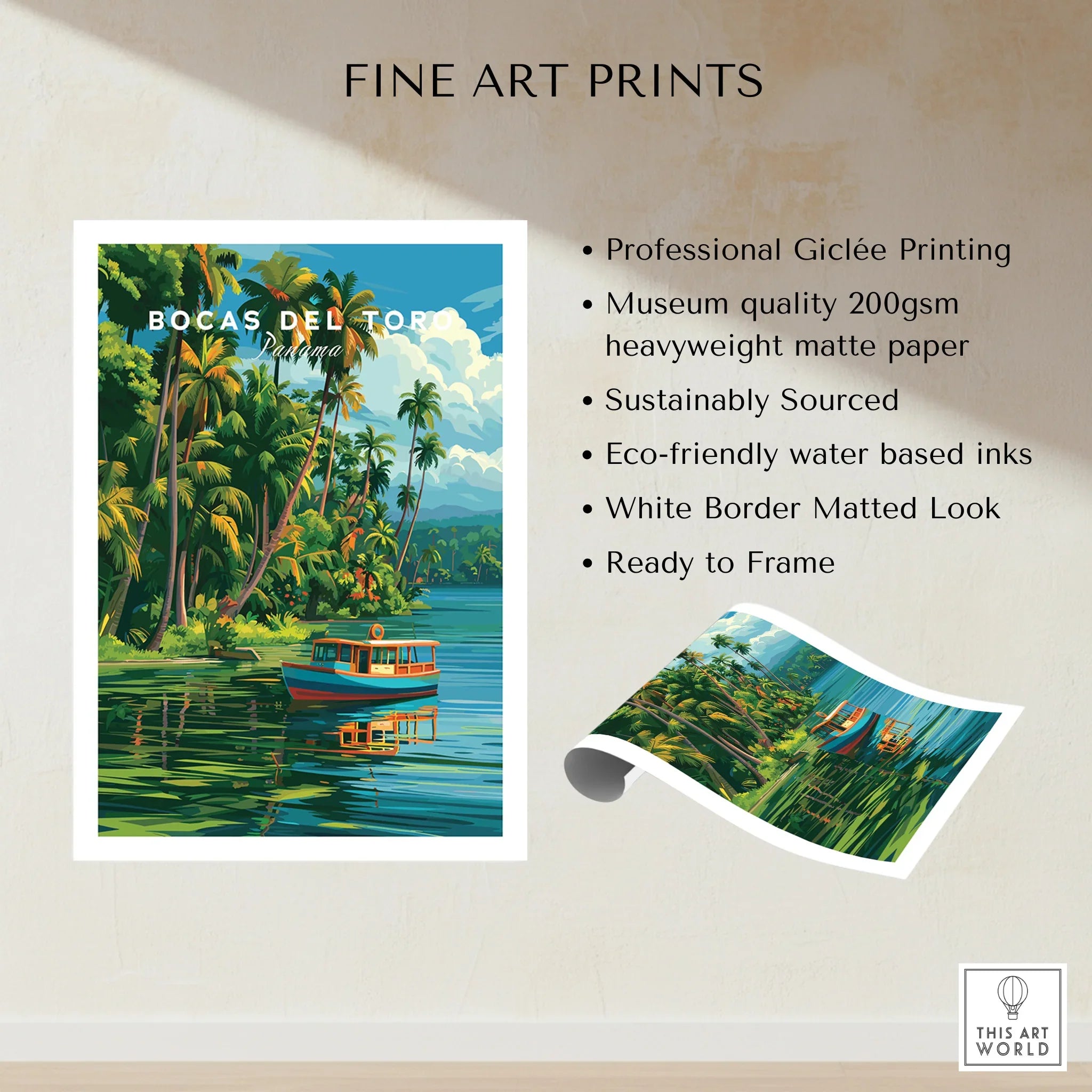 Bocas del Toro Panama travel poster with tropical palm trees and boat on water, fine art print