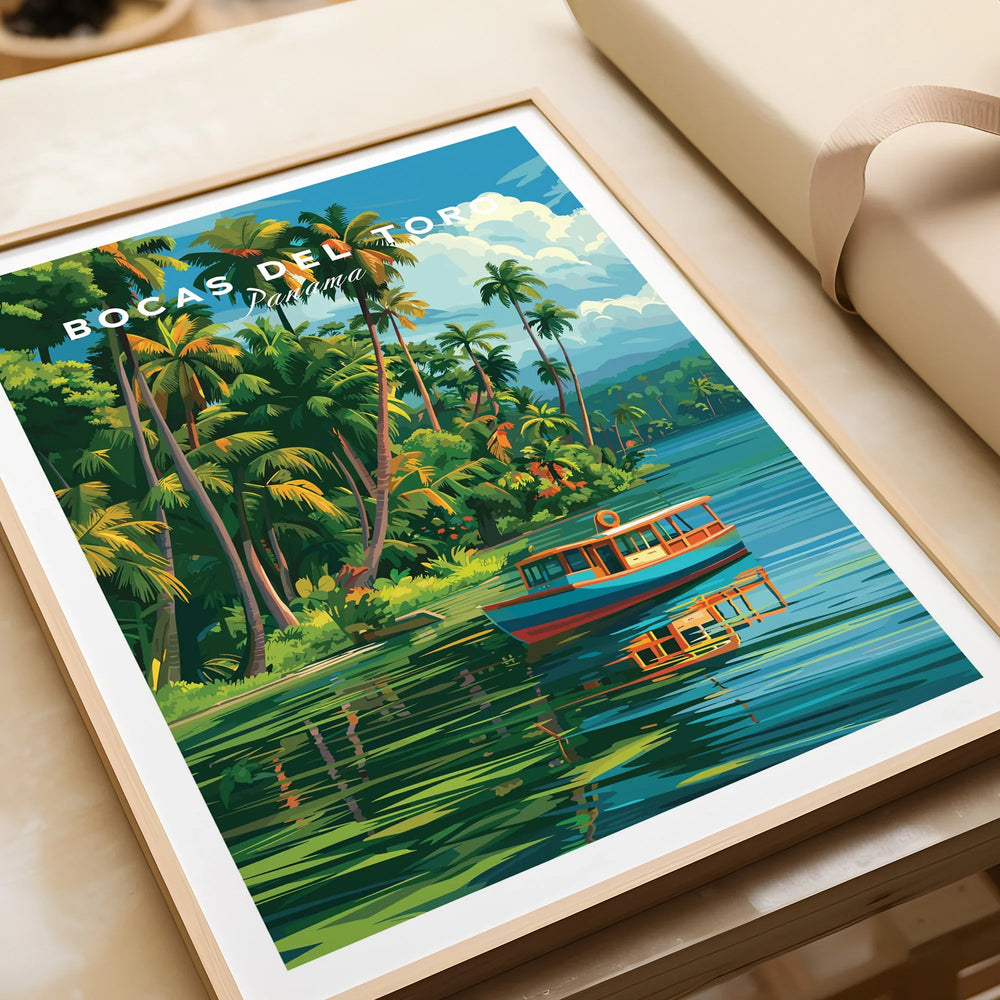 Bocas del Toro Panama travel poster with tropical palm trees and a boat on calm waters