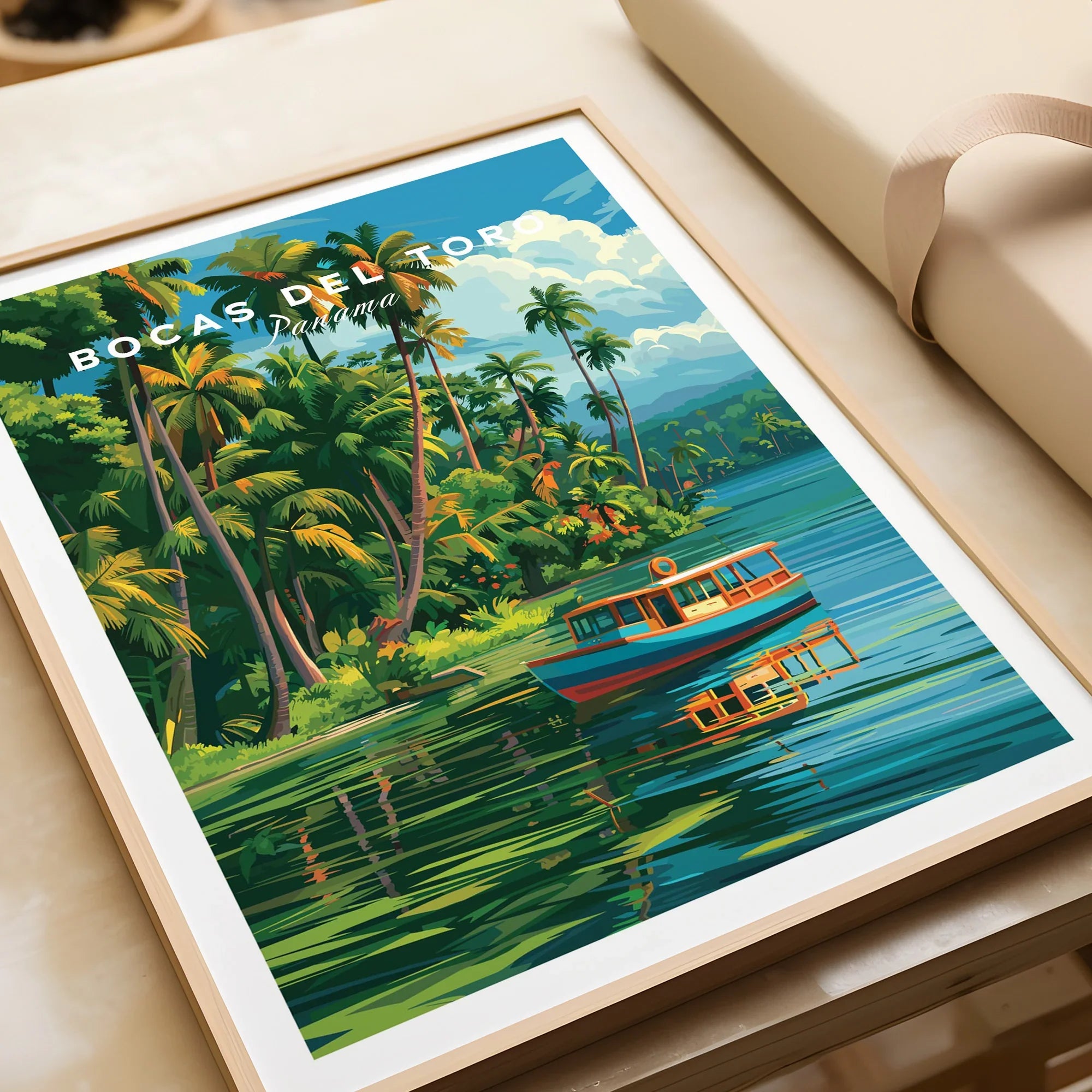 Bocas del Toro Panama travel poster with tropical palm trees and a boat on calm waters