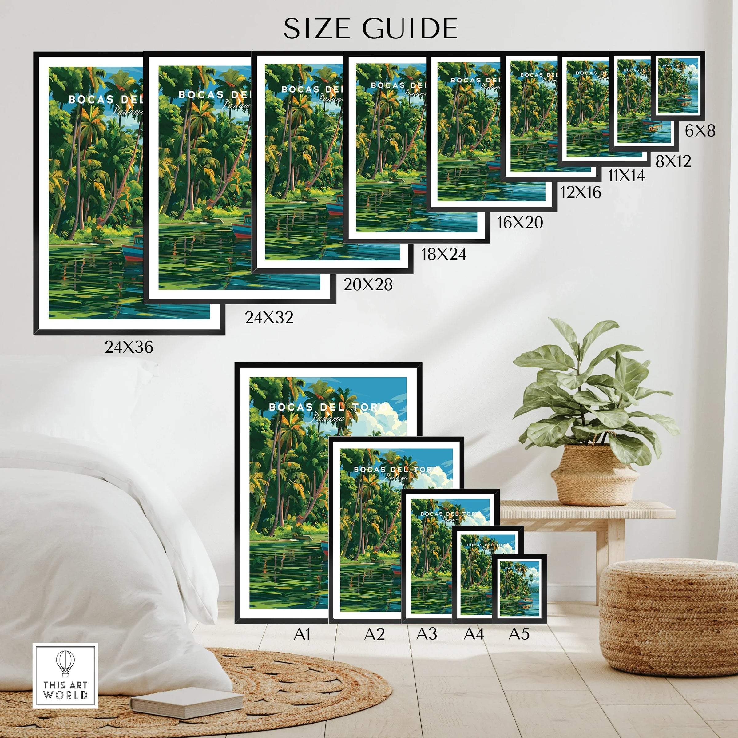 Bocas del Toro travel poster in various sizes for home decor with palm trees and water