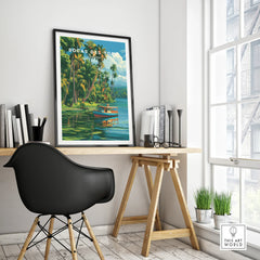 Bocas del Toro Panama travel poster with tropical palm trees, blue water, and boat, framed wall art for home decor