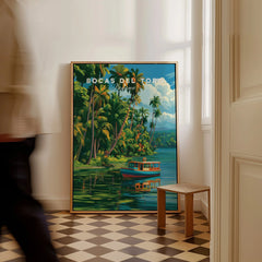 Bocas del Toro Panama travel poster with palm trees, boat, and tropical scenery for home decor