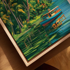 Tropical river scene with colorful boat, palm trees, and lush greenery for wall art decor