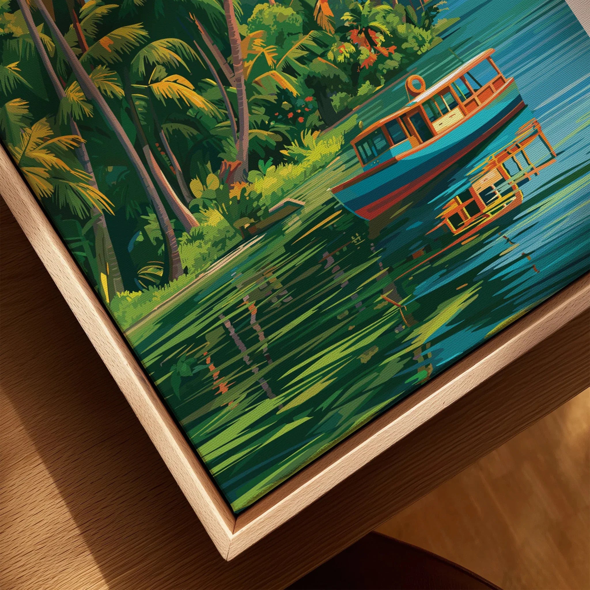 Tropical river scene with colorful boat, palm trees, and lush greenery for wall art decor