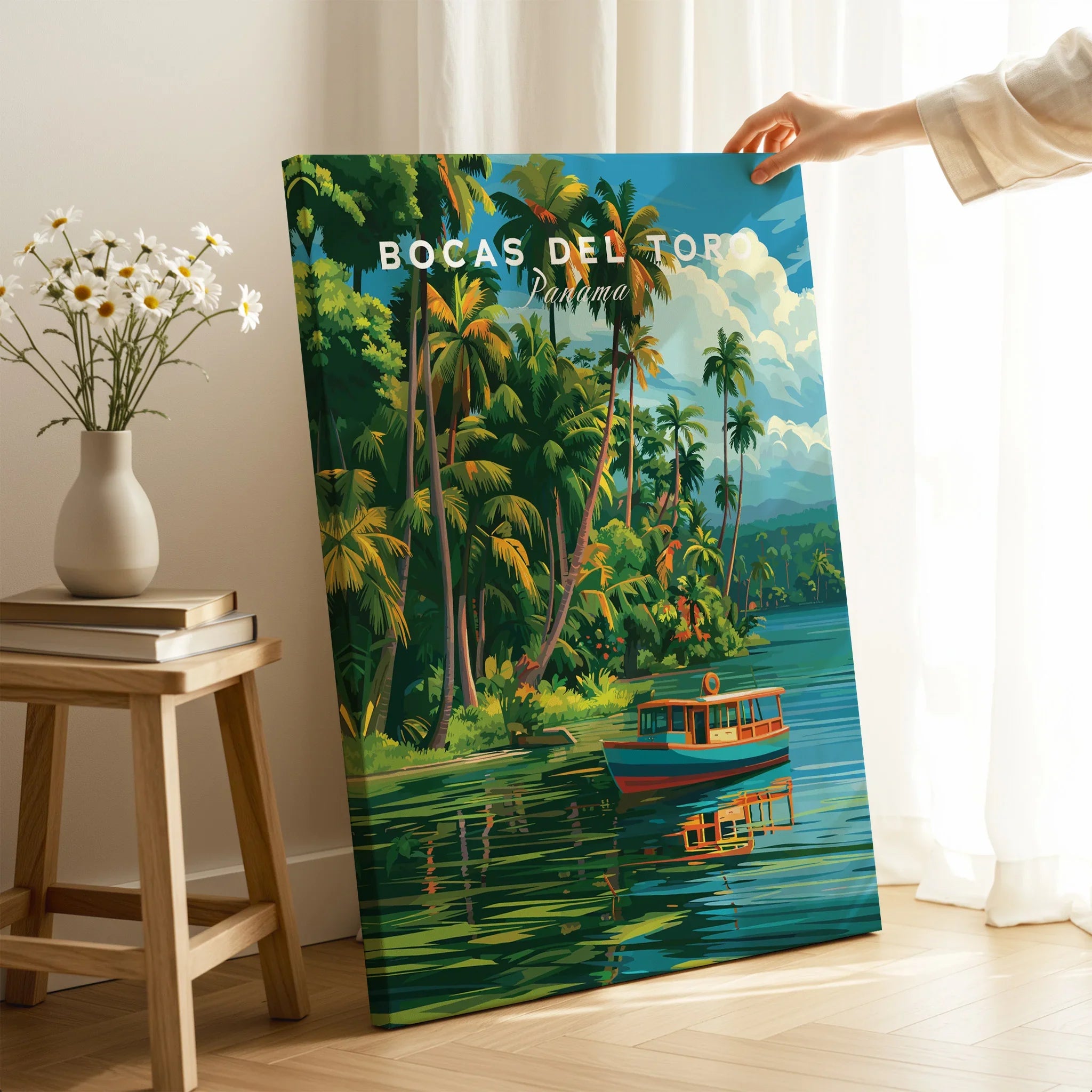 Bocas del Toro Panama travel poster with tropical palm trees, calm waters, and a colorful boat for wall art decor