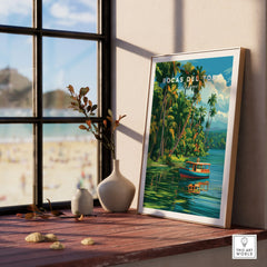 Bocas del Toro Panama travel poster with palm trees, boat, and tropical water, perfect for wall art decor.