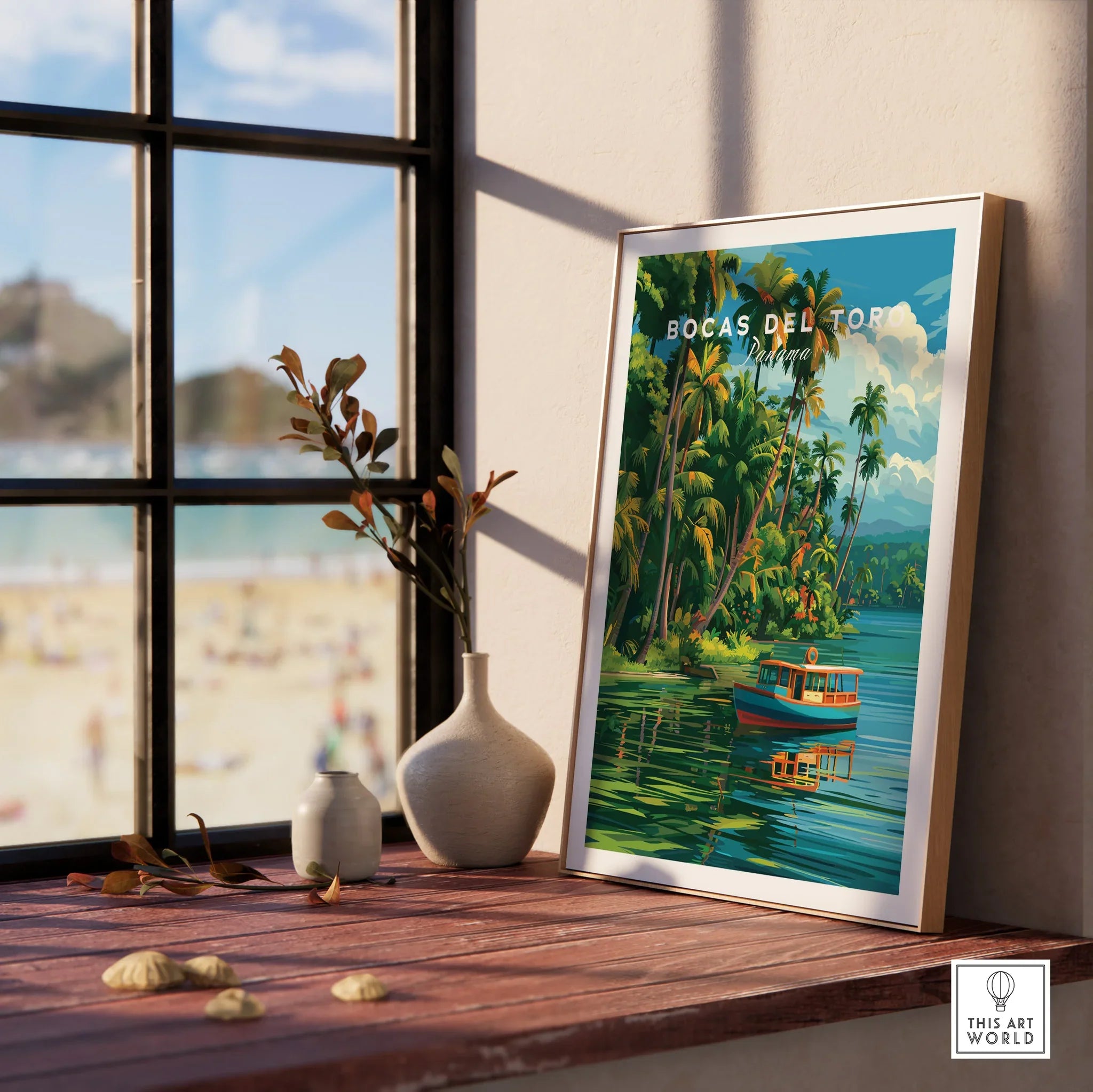 Bocas del Toro Panama travel poster with palm trees, boat, and tropical water, perfect for wall art decor.