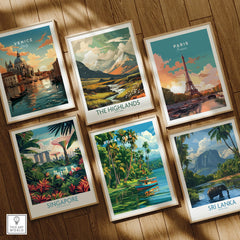 Travel posters featuring Venice, Paris, Singapore, and more for home decor wall art