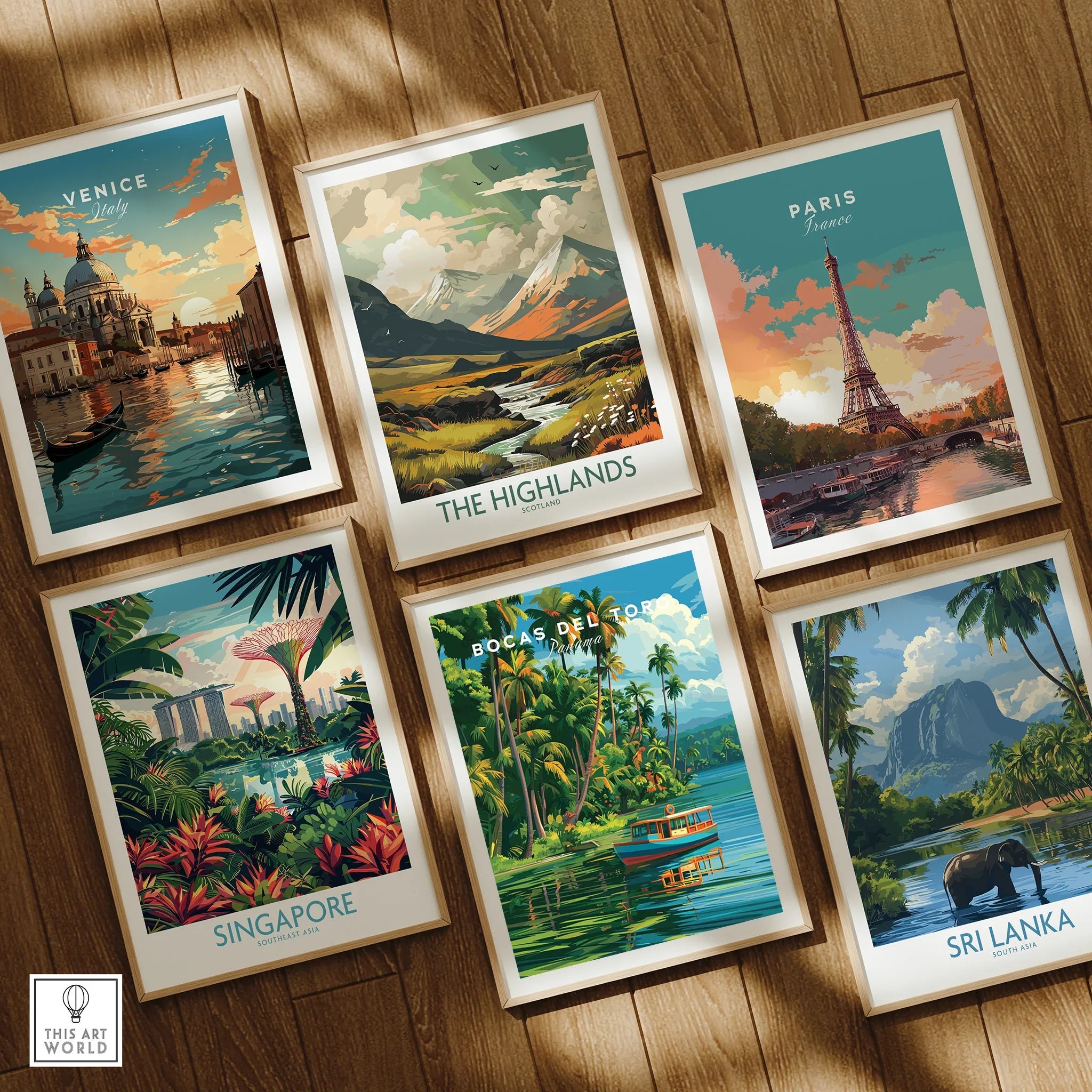 Travel posters featuring Venice, Paris, Singapore, and more for home decor wall art