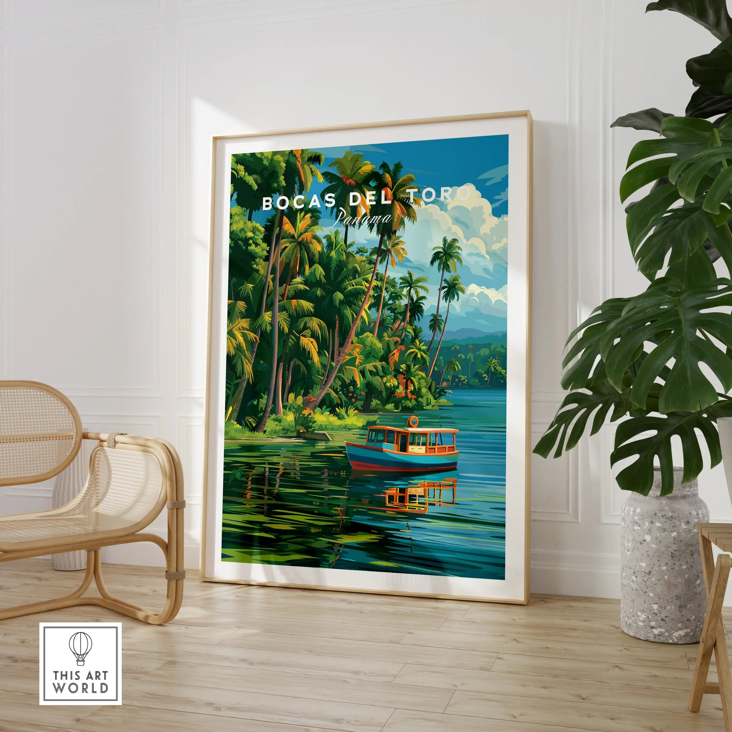 Bocas del Toro Panama travel poster with tropical palm trees, a boat on calm waters, and lush greenery.