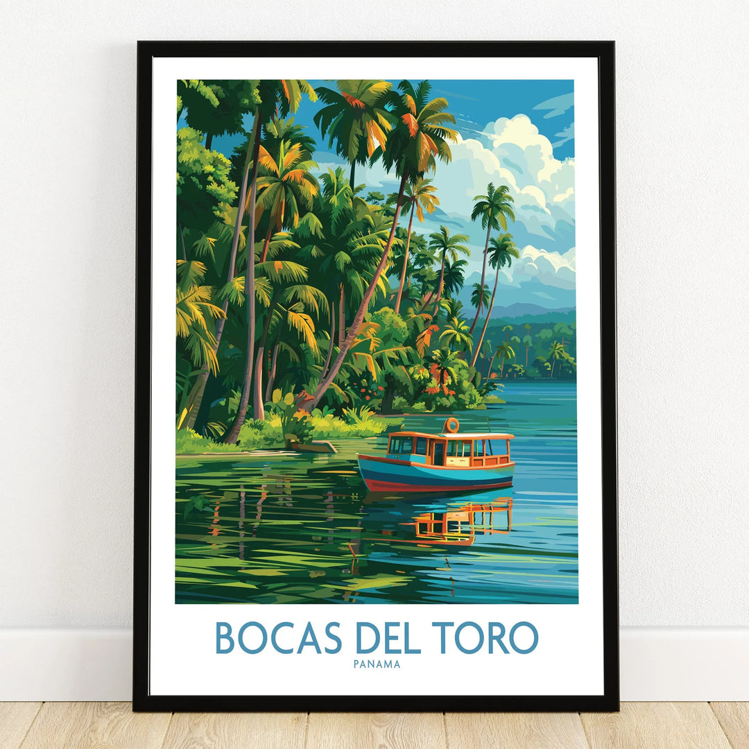 Bocas del Toro Panama travel poster with tropical palm trees, blue boat on calm water, perfect for wall art decor
