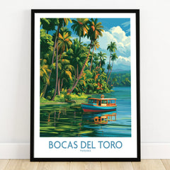 Bocas del Toro Panama travel poster with tropical palm trees, blue boat on calm water, perfect for wall art decor