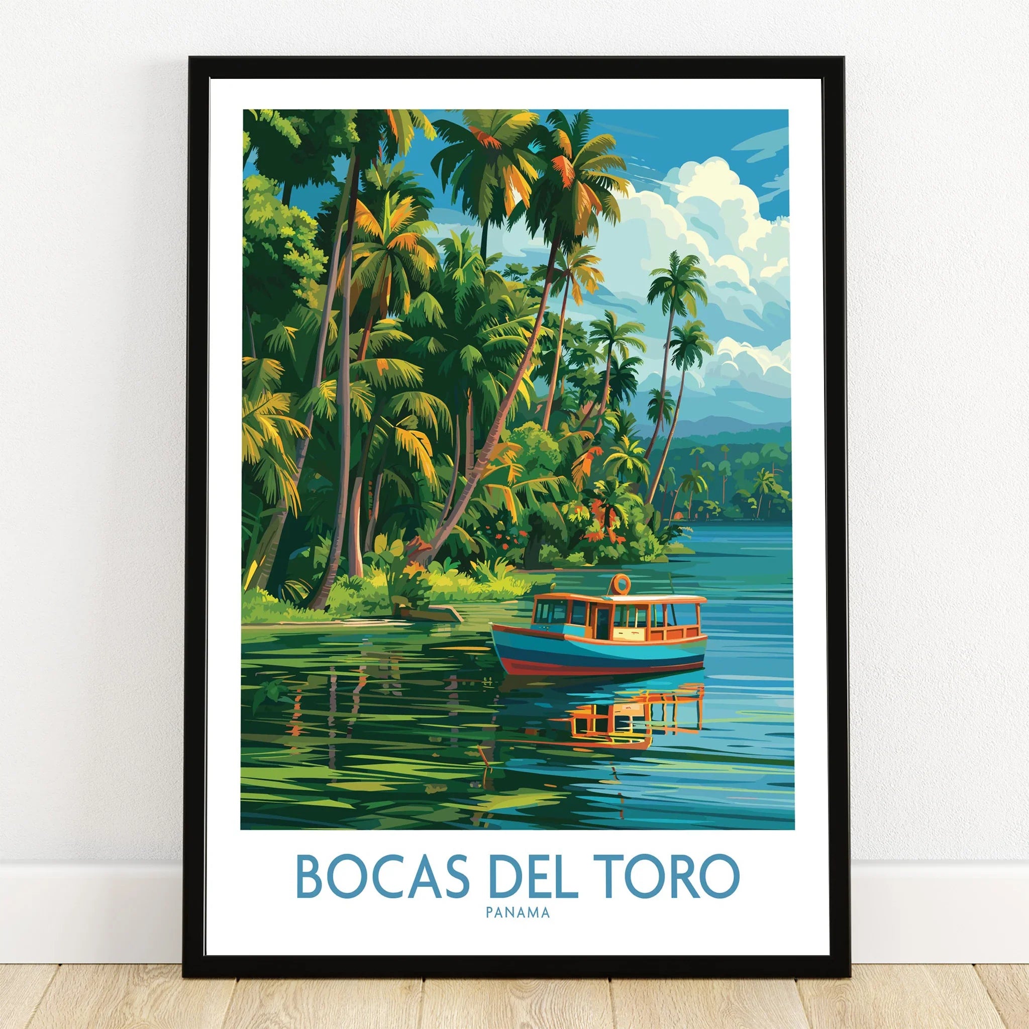 Bocas del Toro Panama travel poster with tropical palm trees, blue boat on calm water, perfect for wall art decor