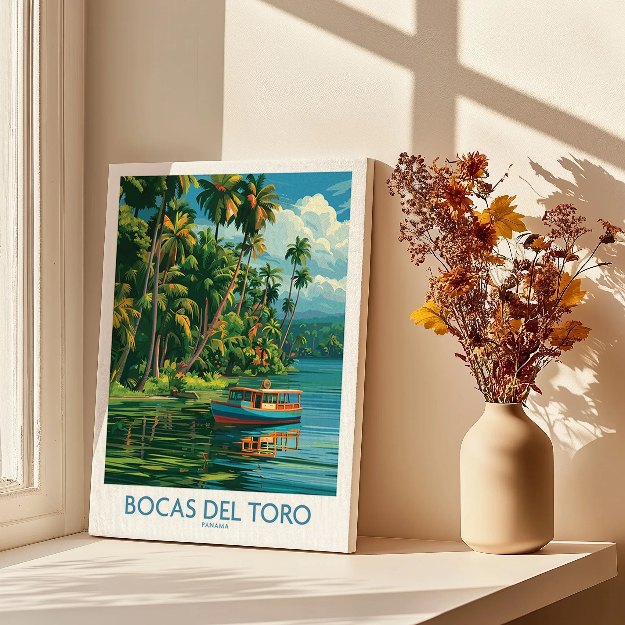 Bocas del Toro Panama travel poster with tropical palm trees, boat, and water, perfect for home wall art decor