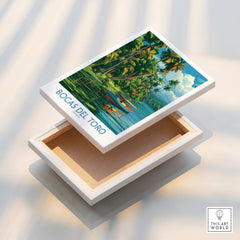 Bocas del Toro Panama travel poster with tropical palm trees and boats, ideal for home decor wall art.
