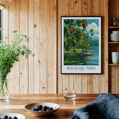 Bocas del Toro Panama travel poster with palm trees, boat, and tropical water, perfect wall art for home decor