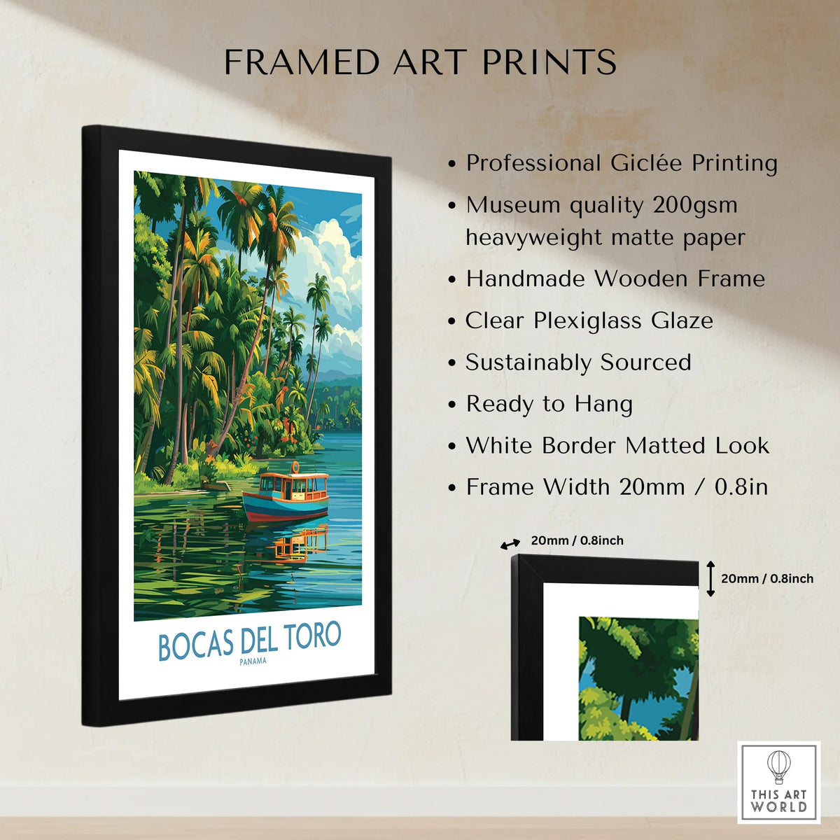 Framed Bocas del Toro Panama travel poster with palm trees, boat, and tropical water, ideal wall art decor