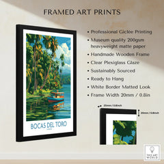 Framed Bocas del Toro Panama travel poster with palm trees, boat, and tropical water, ideal wall art decor