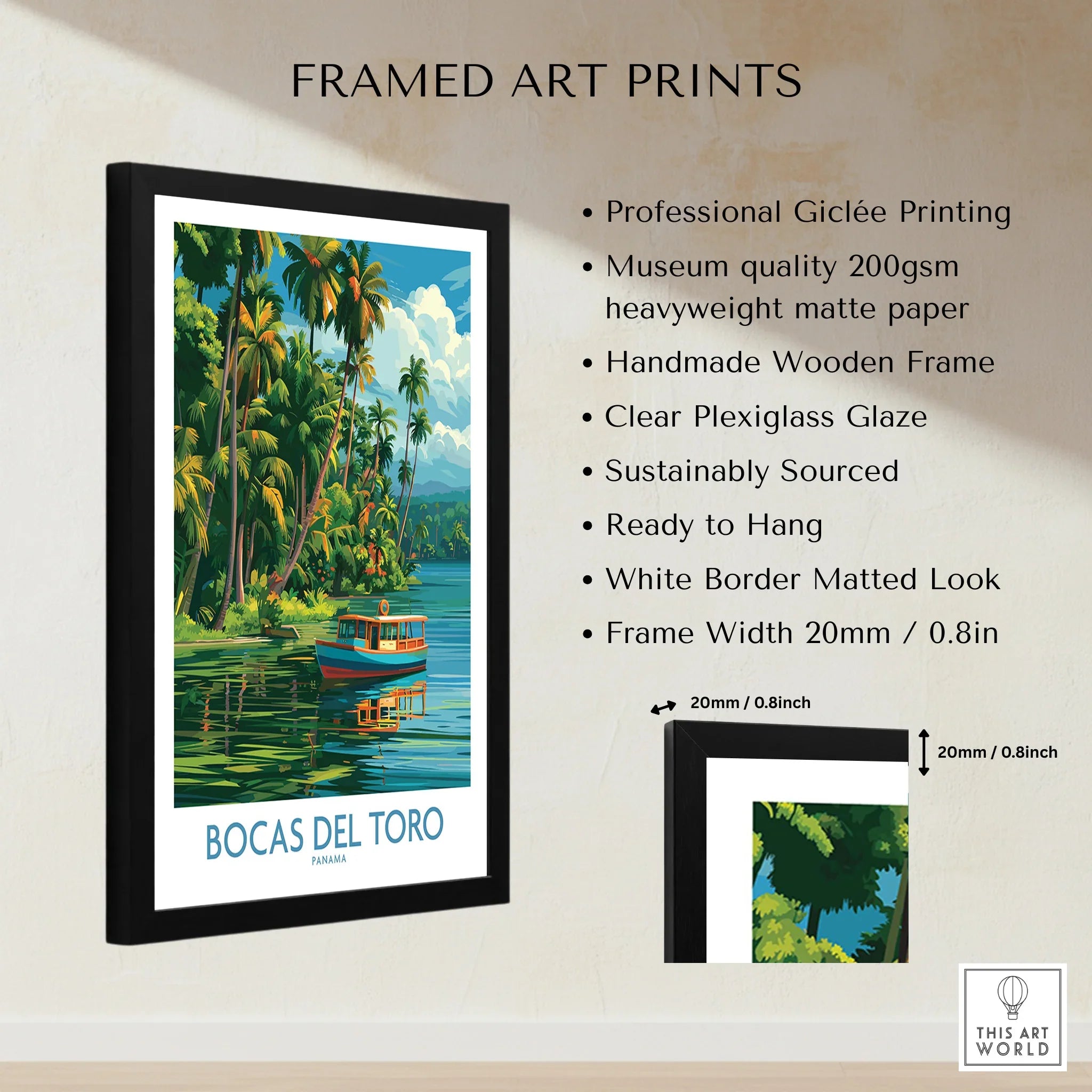 Framed Bocas del Toro Panama travel poster with palm trees, boat, and tropical water, ideal wall art decor