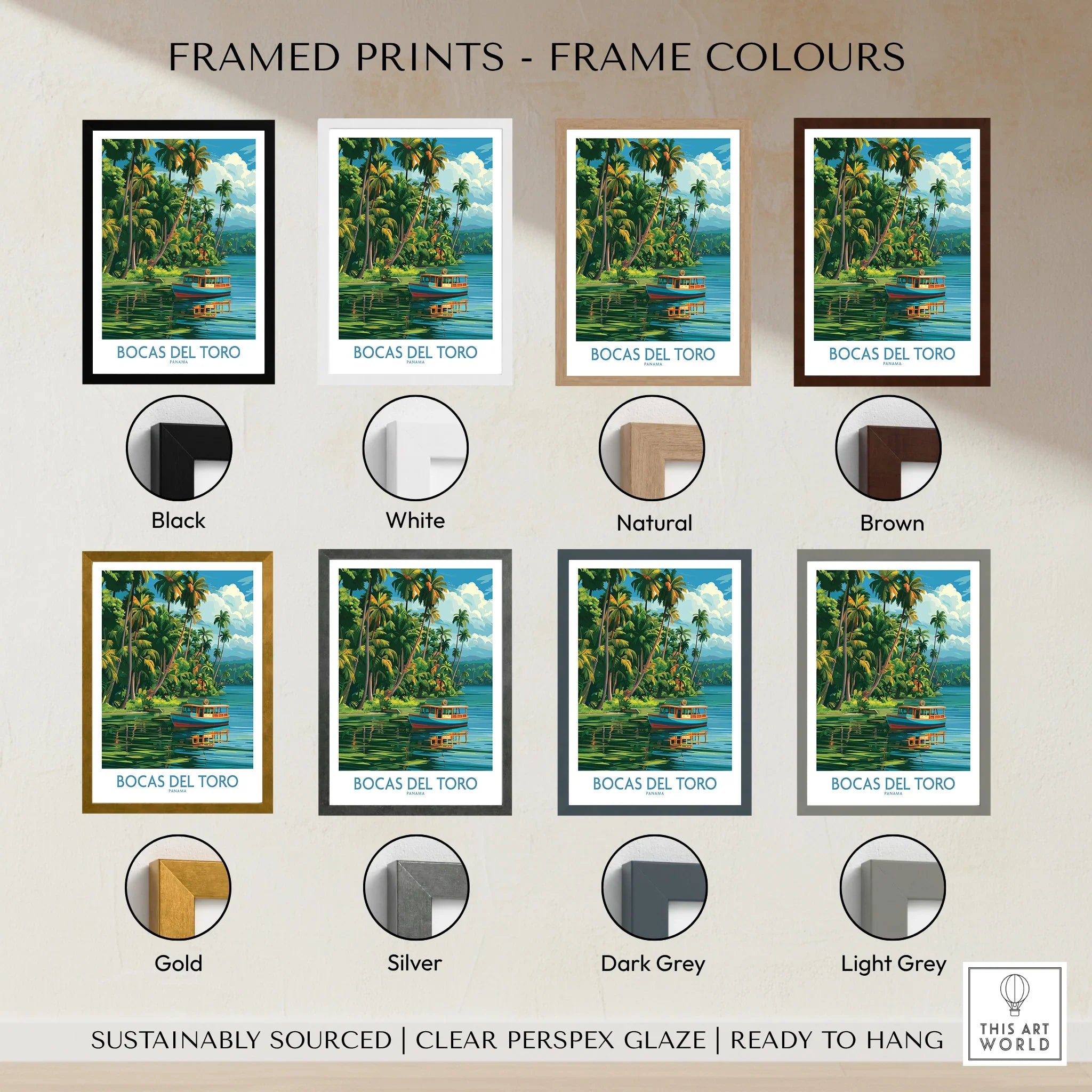 Bocas del Toro travel poster in various frame colors for home decor
