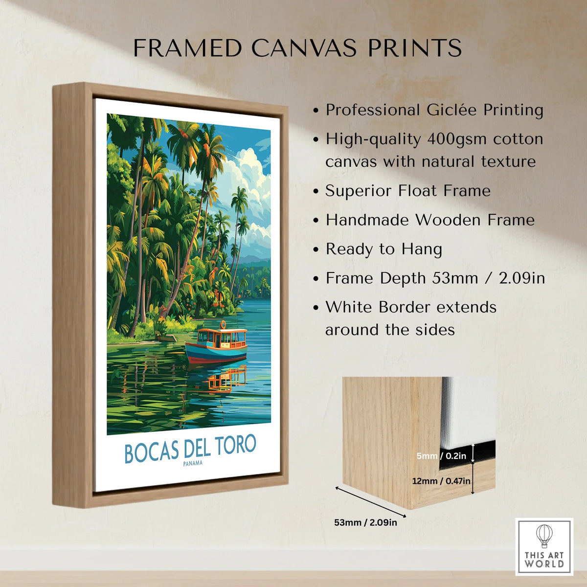 Bocas del Toro Panama travel poster with palm trees, boat, and tropical scenery in wooden frame