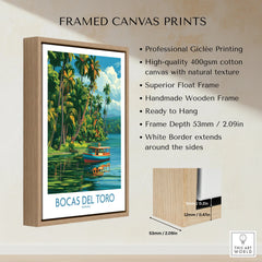 Bocas del Toro Panama travel poster with palm trees, boat, and tropical scenery in wooden frame