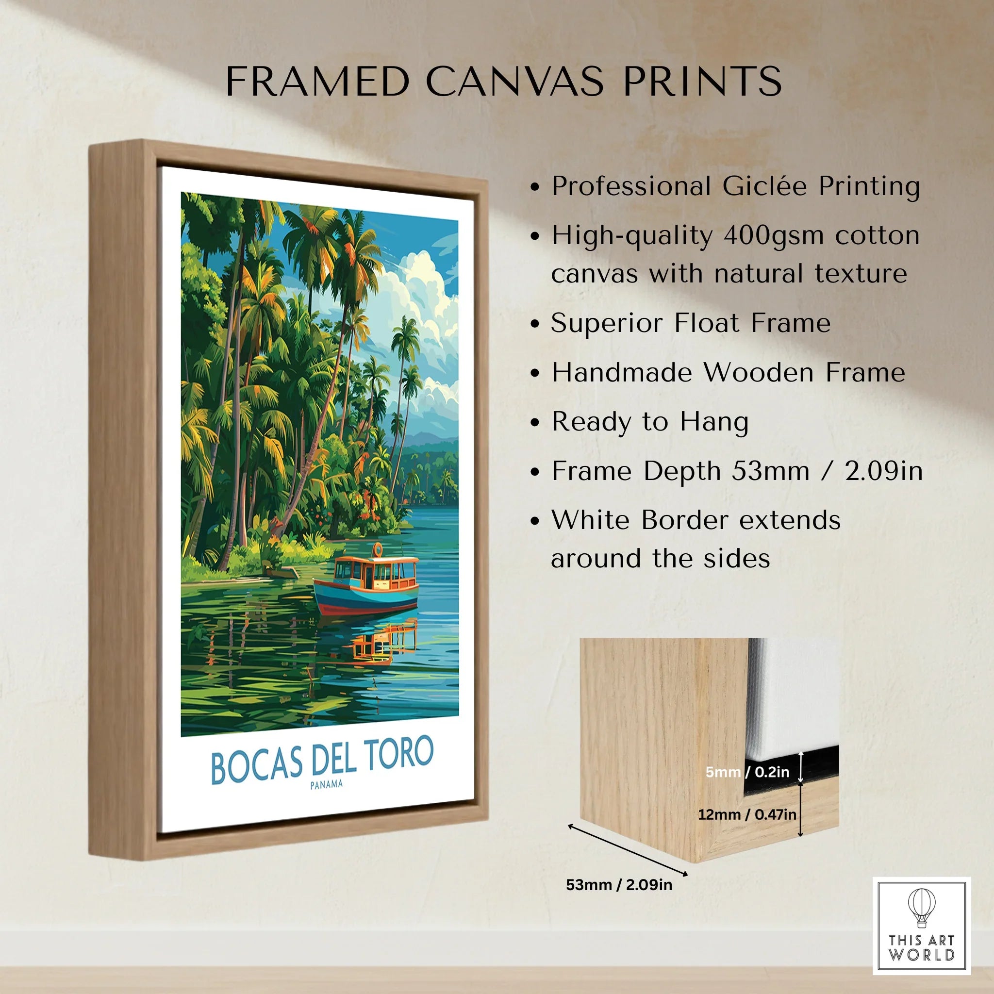 Bocas del Toro Panama travel poster with palm trees, boat, and tropical scenery in wooden frame