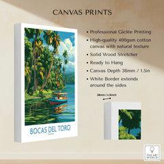 Bocas del Toro Panama travel poster with tropical palm trees and boat on water, canvas print wall art