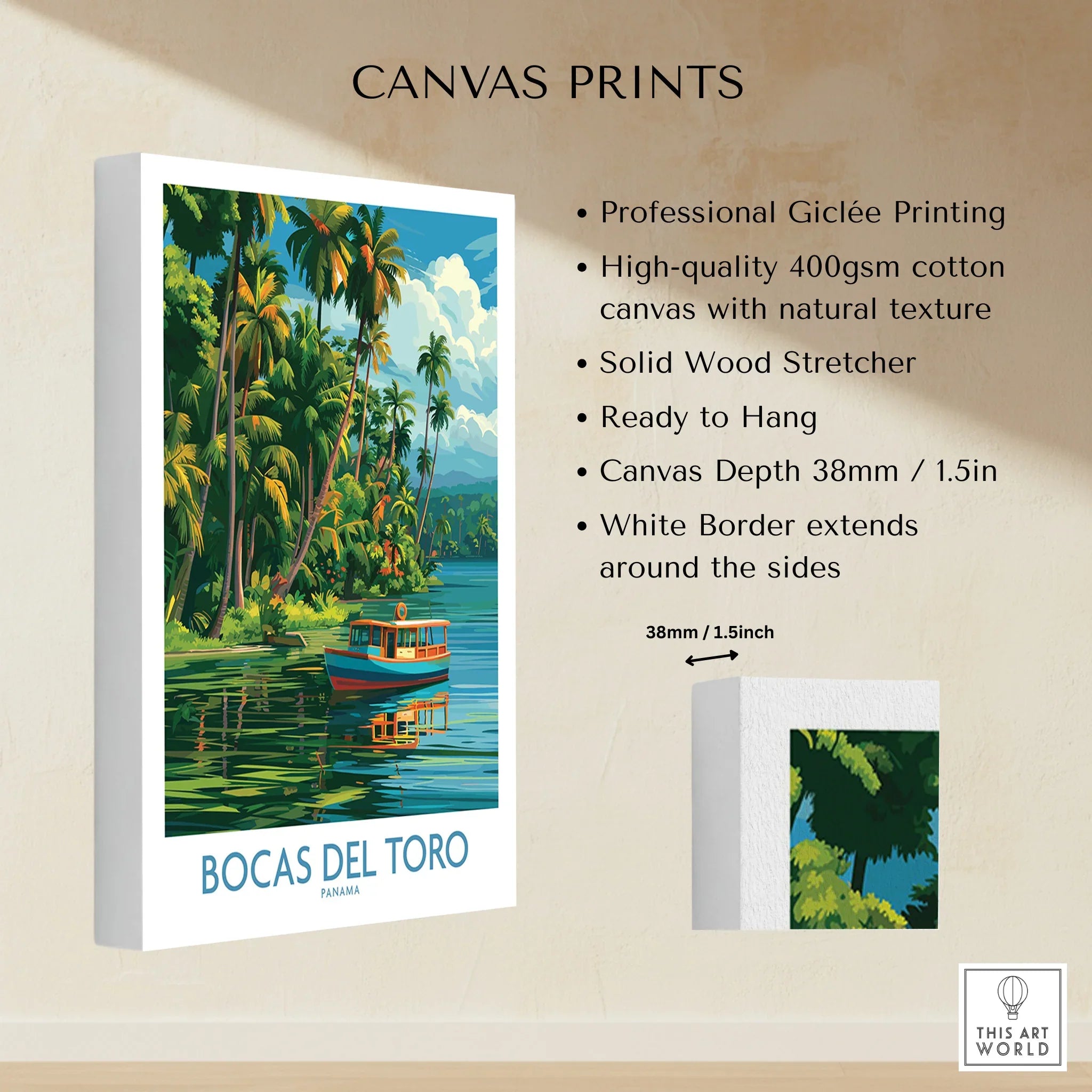 Bocas del Toro Panama travel poster with tropical palm trees and boat on water, canvas print wall art