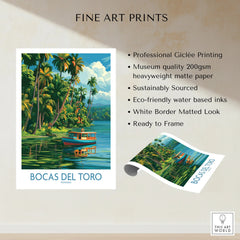 Bocas del Toro Panama travel poster with tropical palm trees, boat on water, fine art print ready to frame