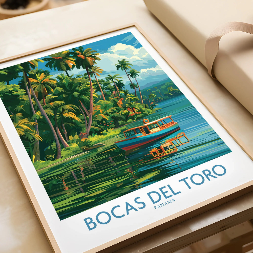 Bocas del Toro Panama travel poster with tropical palm trees, boat on water, framed wall art