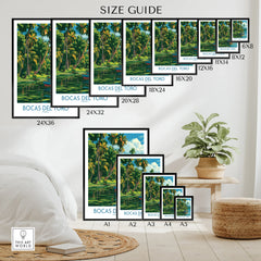 Bocas del Toro Panama travel poster size guide, tropical palm trees & water, wall art for home decor
