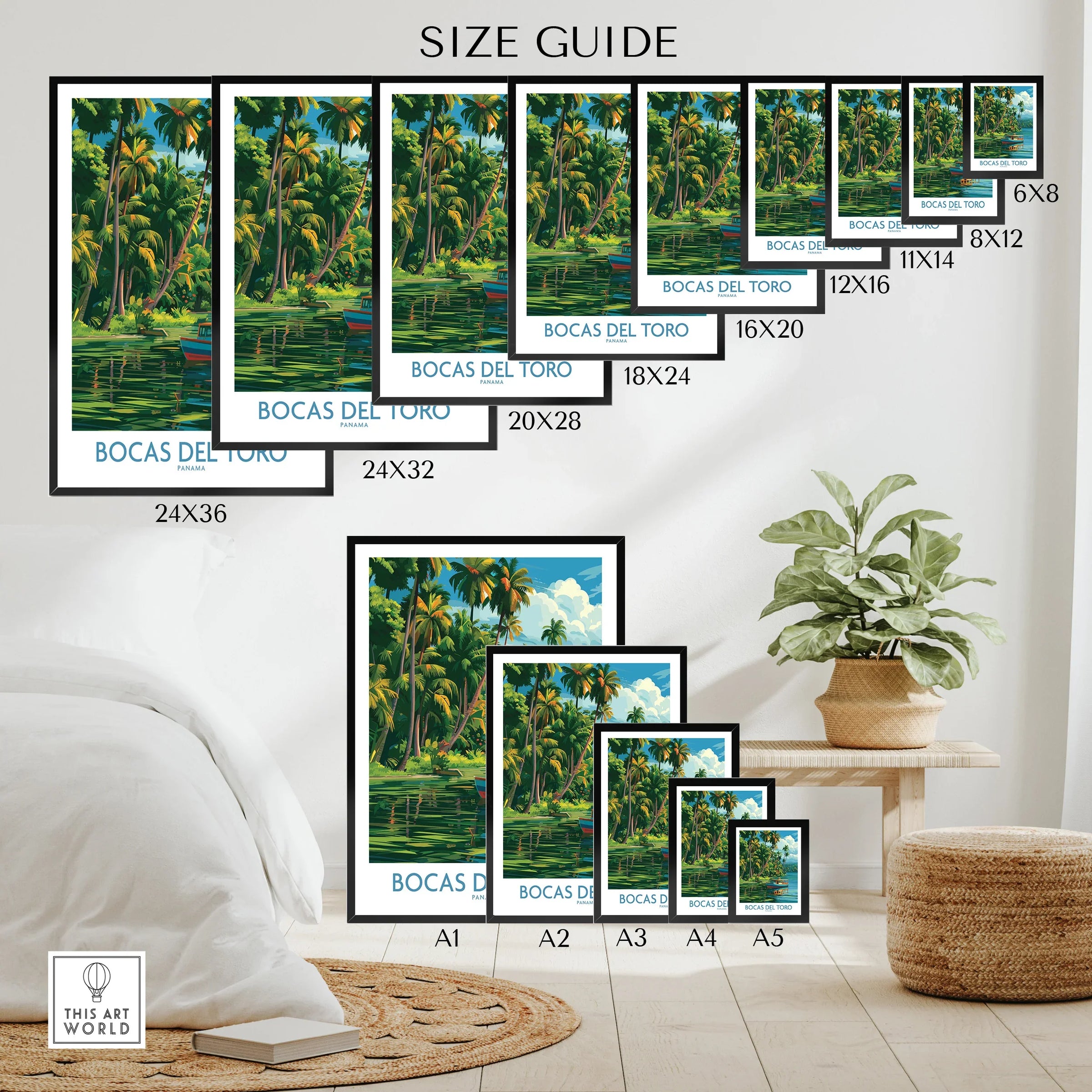 Bocas del Toro Panama travel poster size guide, tropical palm trees & water, wall art for home decor