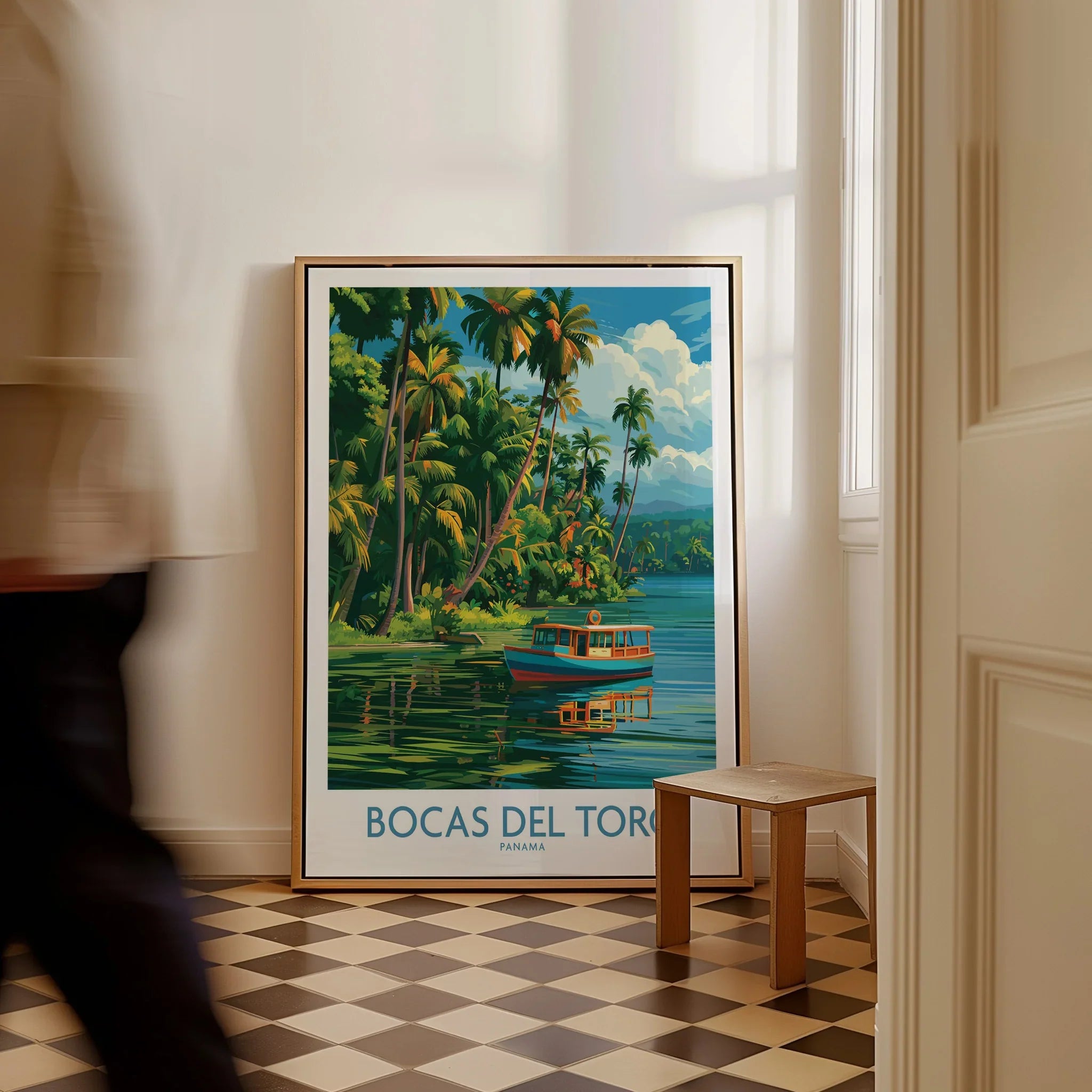 Bocas del Toro Panama travel poster with tropical palm trees, boat, and water, framed wall art for home decor