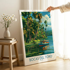 Bocas del Toro Panama travel poster with tropical palm trees and a boat on calm waters, perfect for wall art.