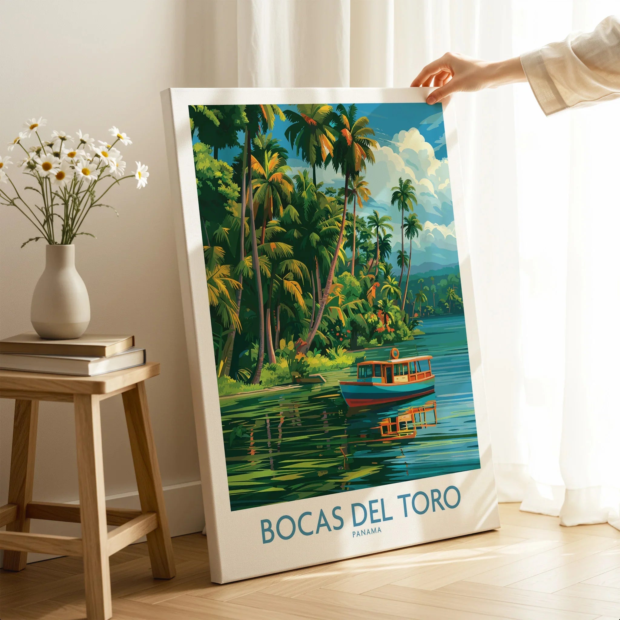 Bocas del Toro Panama travel poster with tropical palm trees and a boat on calm waters, perfect for wall art.