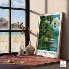 Bocas del Toro Panama travel poster with palm trees and boat, perfect for tropical wall art decor