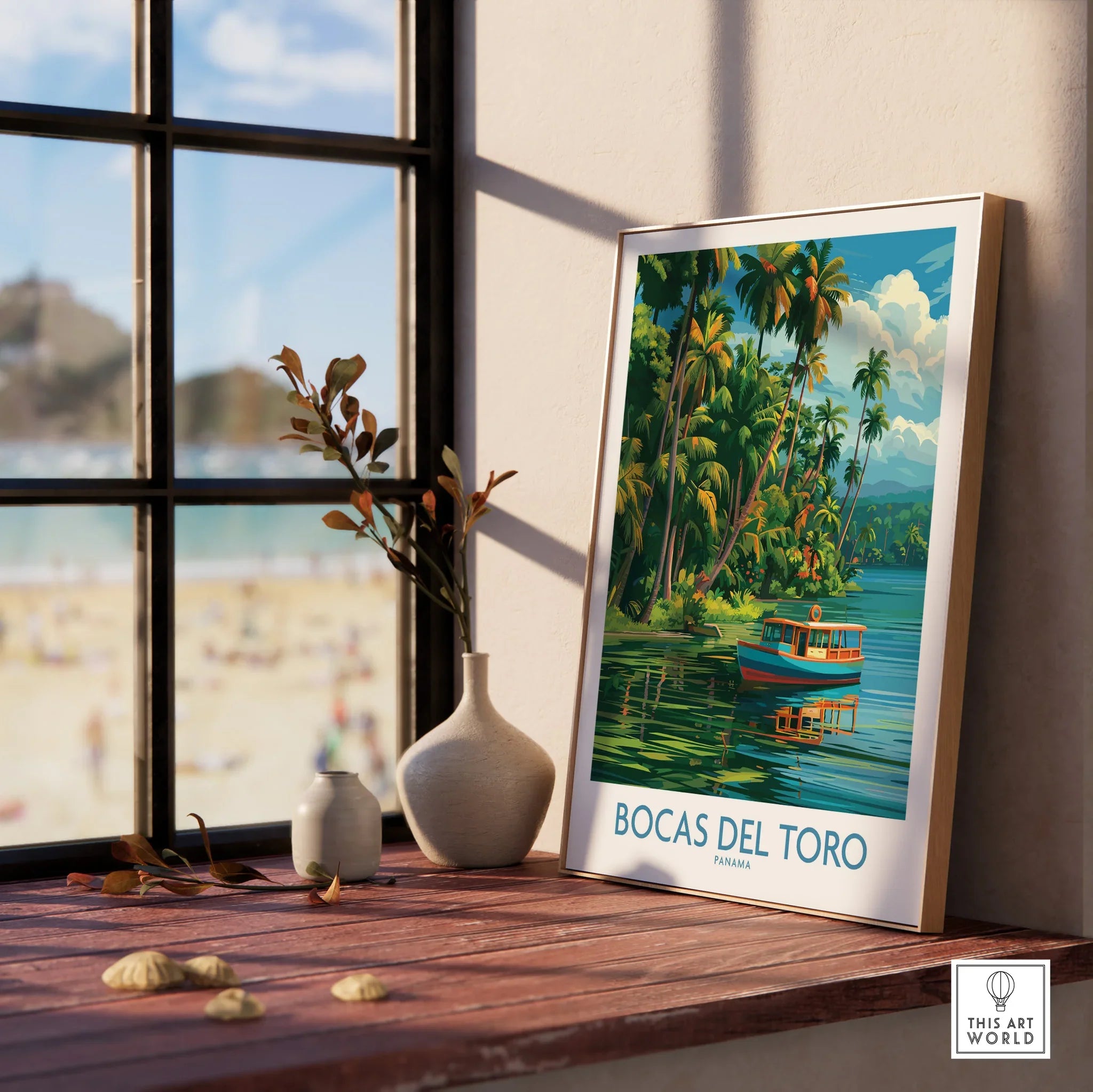 Bocas del Toro Panama travel poster with palm trees and boat, perfect for tropical wall art decor