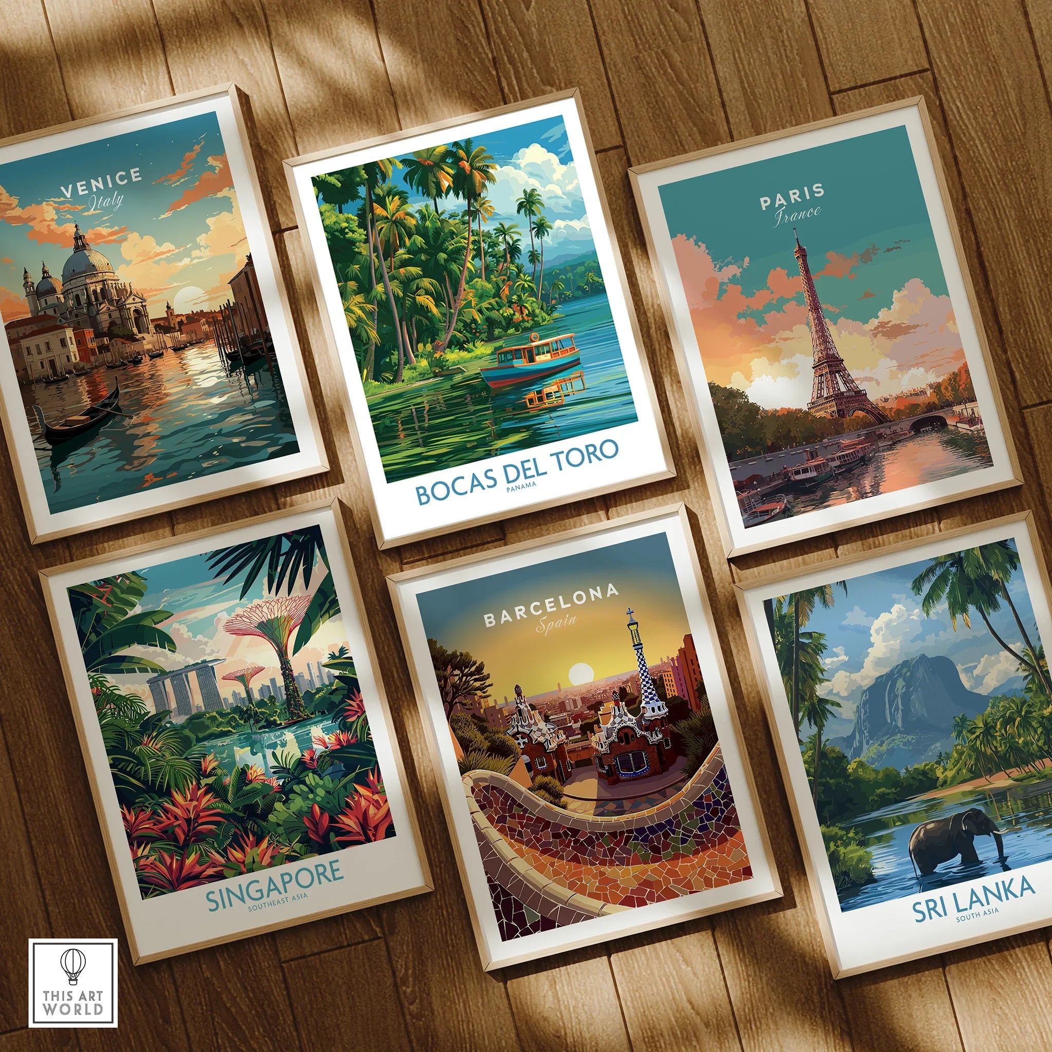 Travel posters of Venice, Paris, Singapore, Barcelona, Bocas del Toro, and Sri Lanka for wall art decor