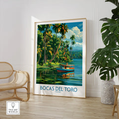 Bocas del Toro Panama travel poster with tropical palm trees and a boat on calm waters, perfect for wall art.
